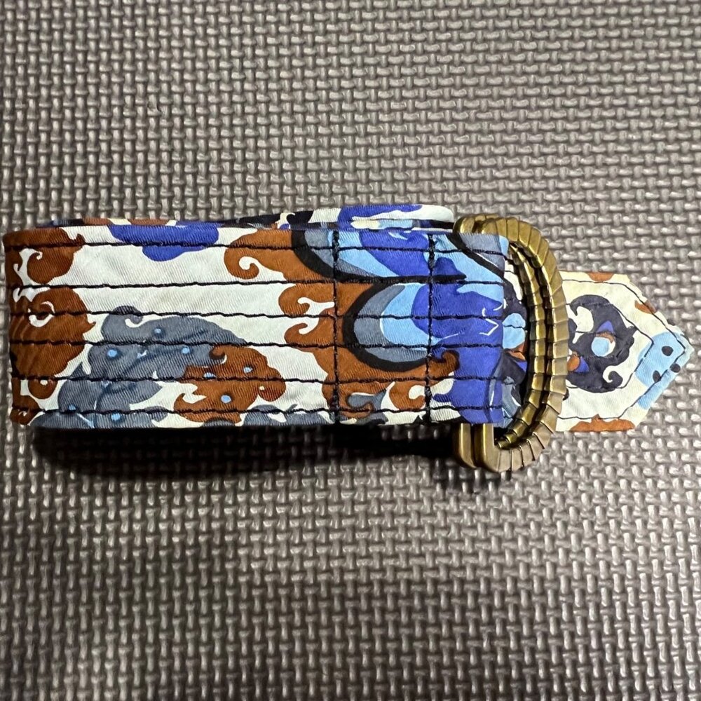 J.Crew Quilted Silk Belt With Gold Buckle Blue & Brown Abstract Print Size M/L - Picture 2 of 4